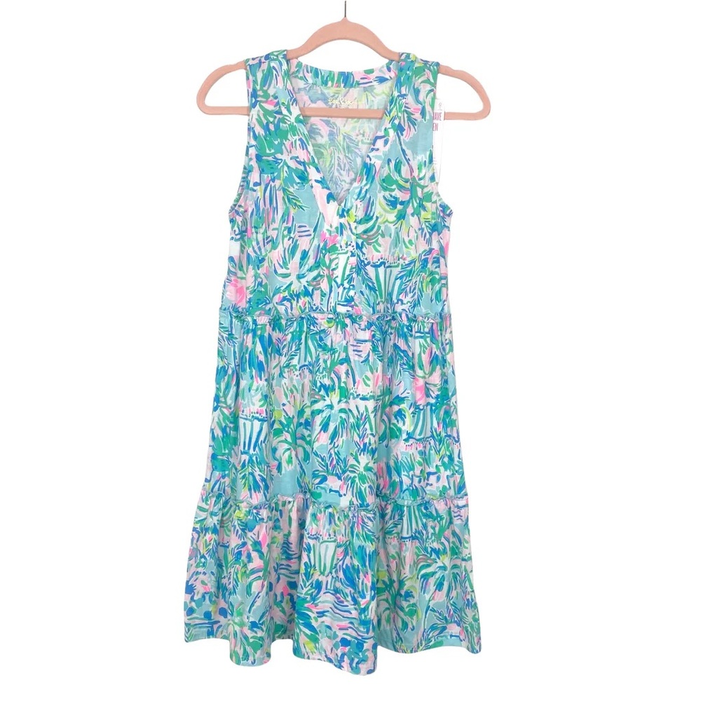Lilly Pulitzer Lorina Purple Iris Print Cotton Swing Ruffle Tier V-Neck Dress XL - Picture 2 of 9
